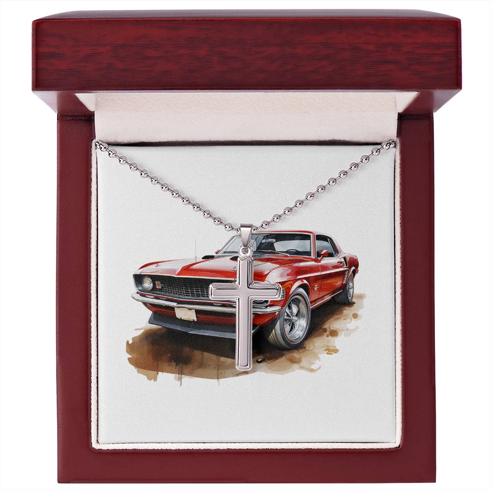 Muscle Car 07 - Stainless Steel Ball Chain Cross Necklace With Mahogany Style Luxury Box