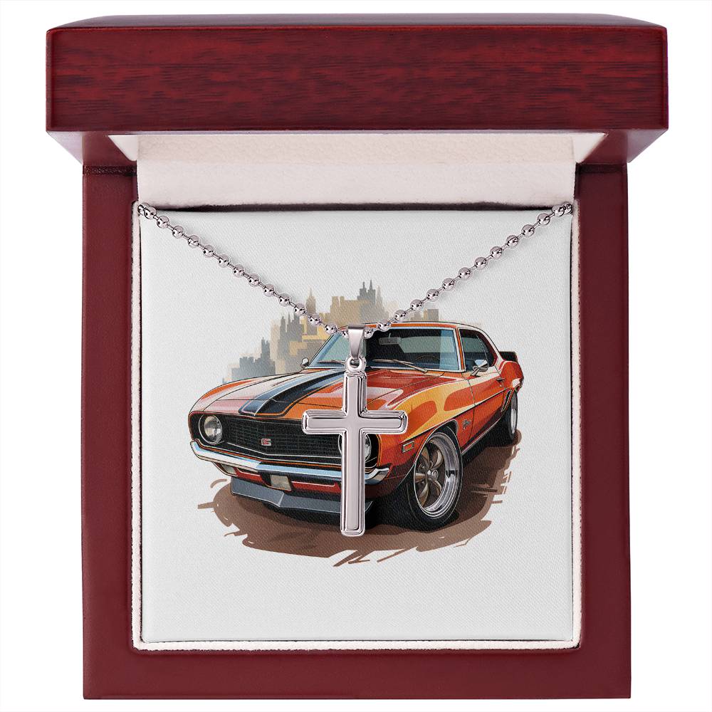 Muscle Car 08 - Stainless Steel Ball Chain Cross Necklace With Mahogany Style Luxury Box