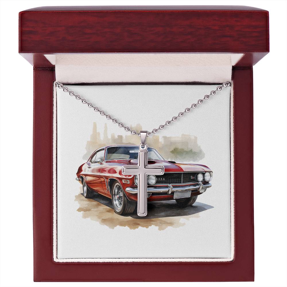 Muscle Car 06 - Stainless Steel Ball Chain Cross Necklace With Mahogany Style Luxury Box
