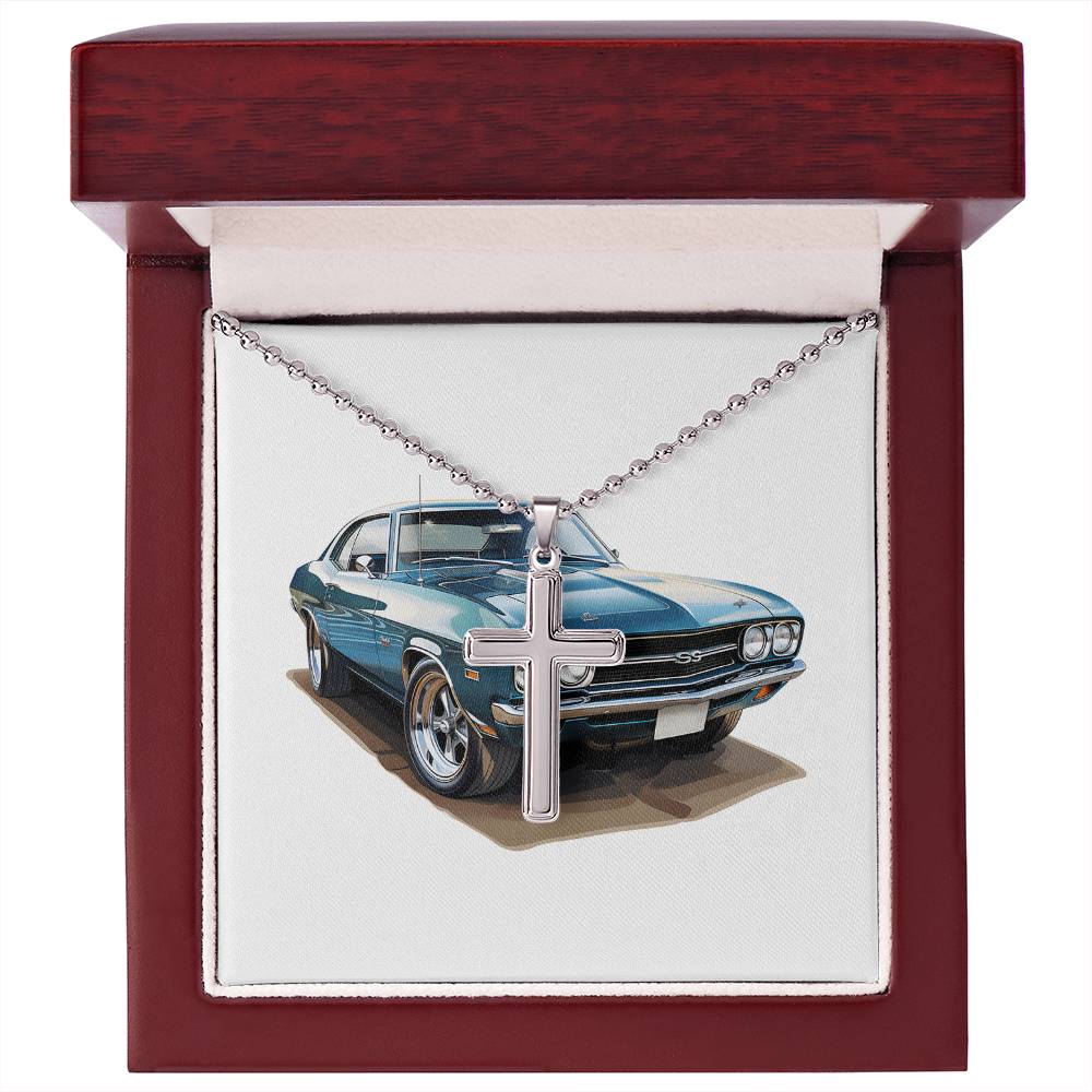 Muscle Car 05 - Stainless Steel Ball Chain Cross Necklace With Mahogany Style Luxury Box