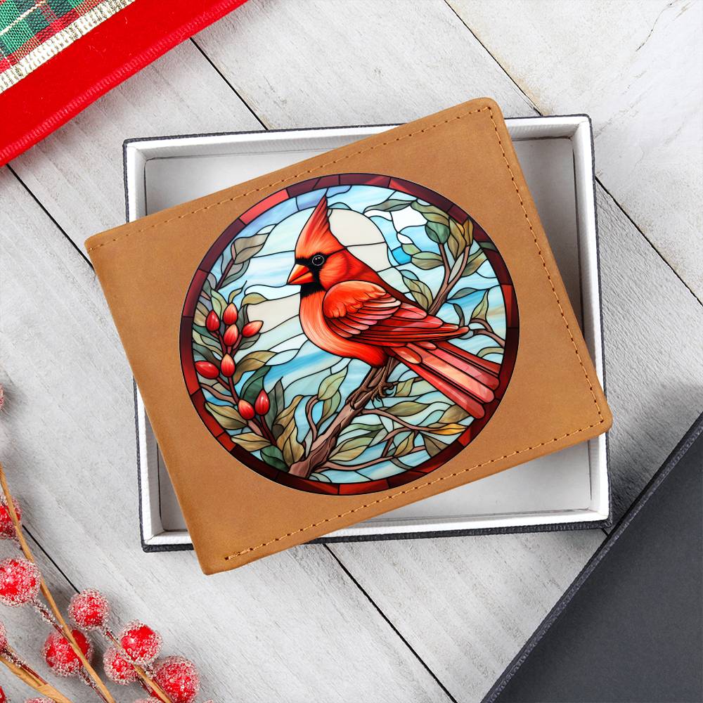 Christmas Red Cardinal Stained Glass Design 014 - Leather Wallet