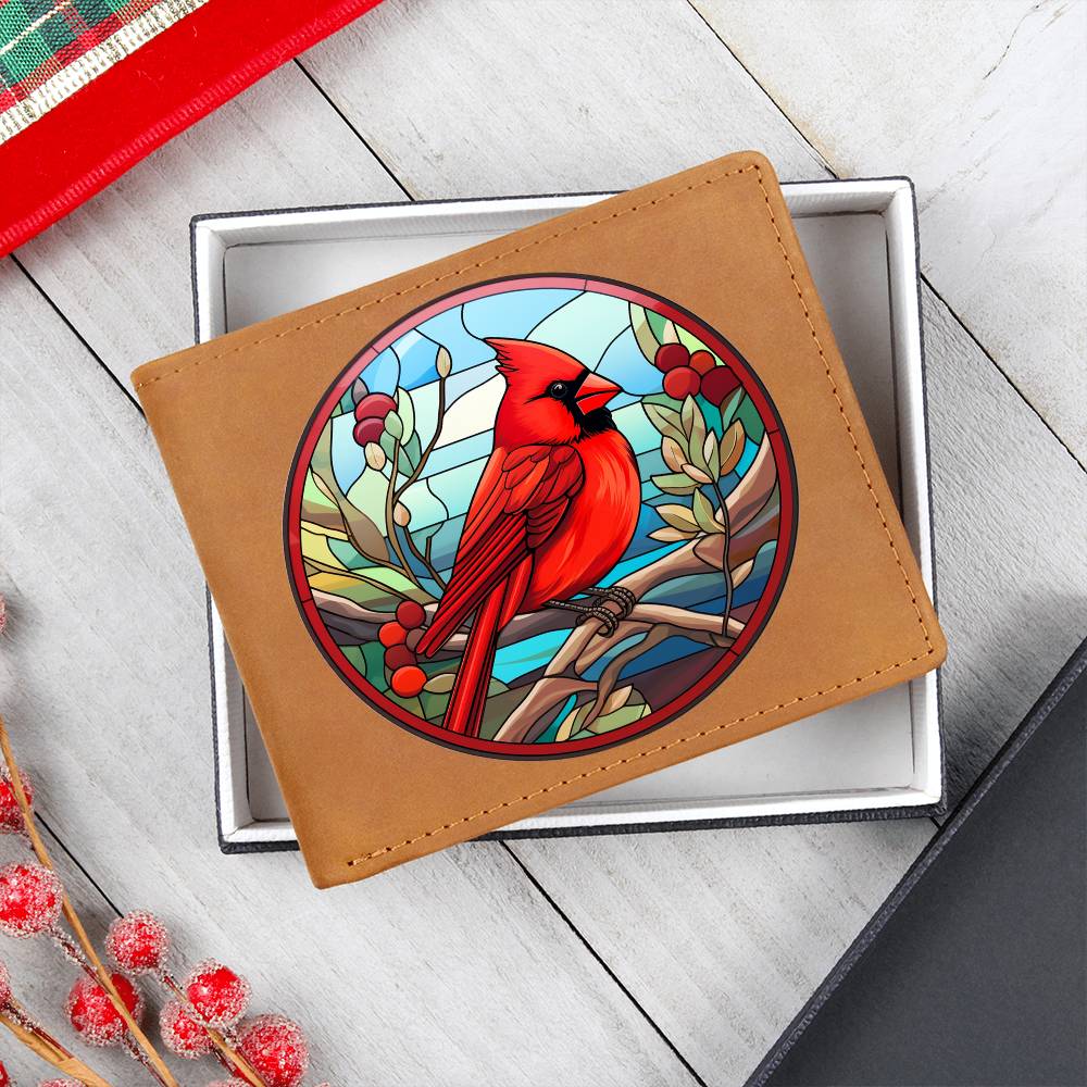 Christmas Red Cardinal Stained Glass Design 001 - Leather Wallet
