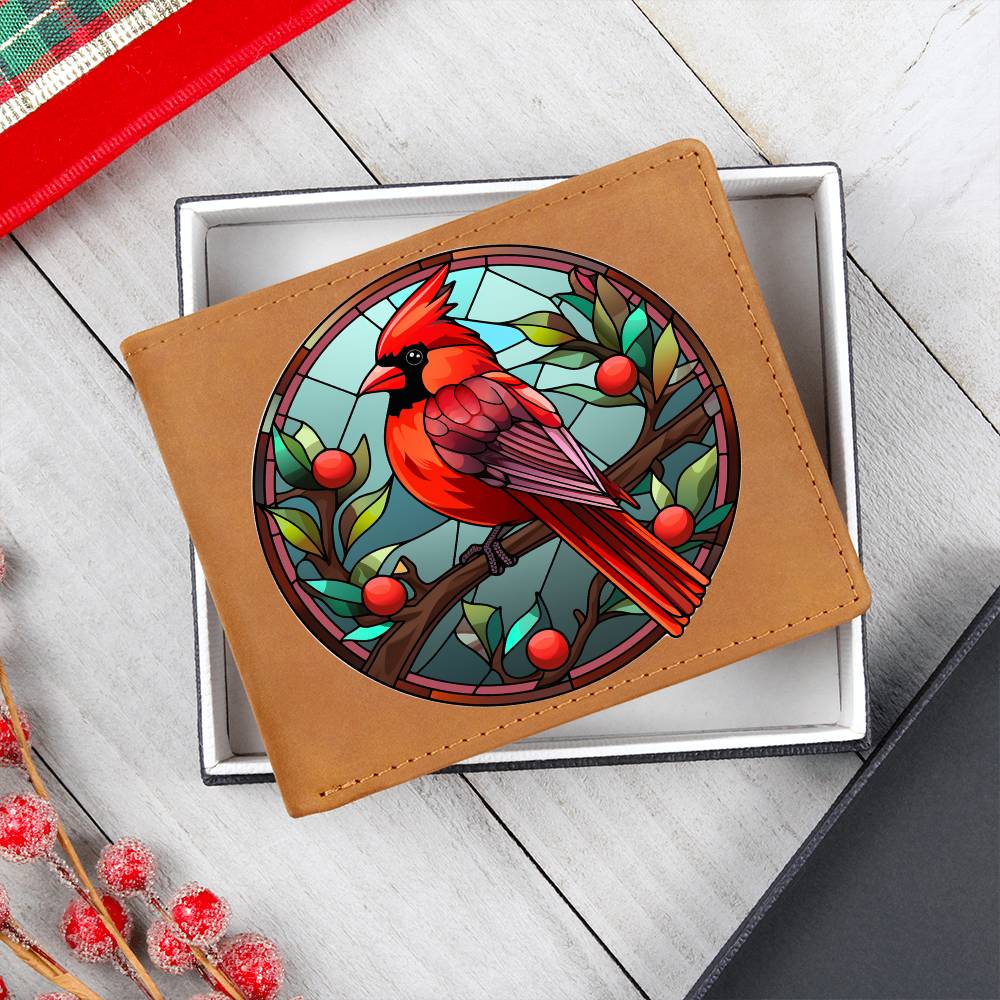 Christmas Red Cardinal Stained Glass Design 035 - Leather Wallet
