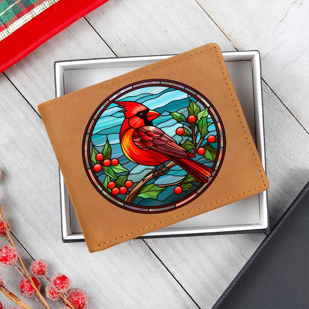 Christmas Red Cardinal Stained Glass Design 016 - Leather Wallet