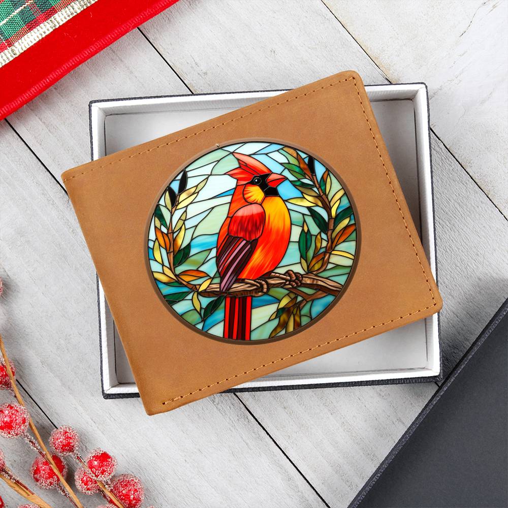 Christmas Red Cardinal Stained Glass Design 020 - Leather Wallet