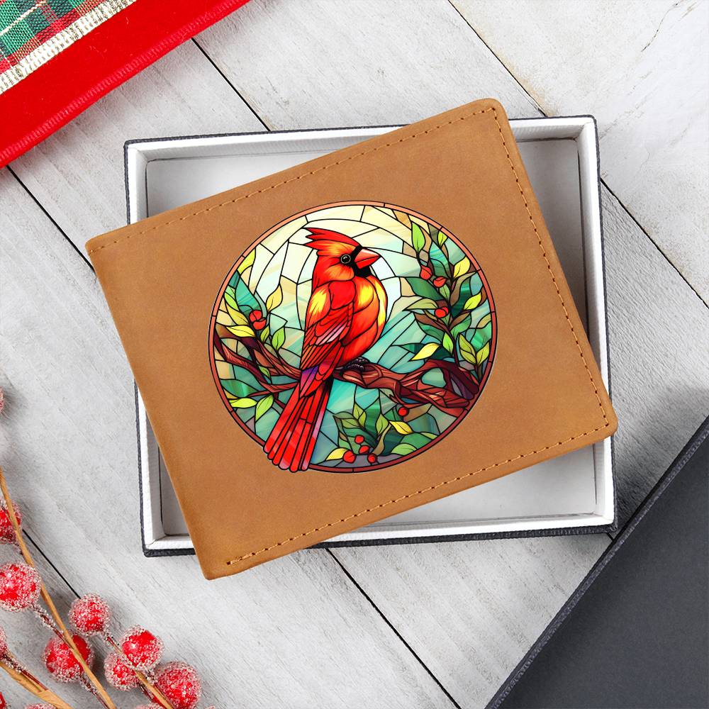 Christmas Red Cardinal Stained Glass Design 006 - Leather Wallet