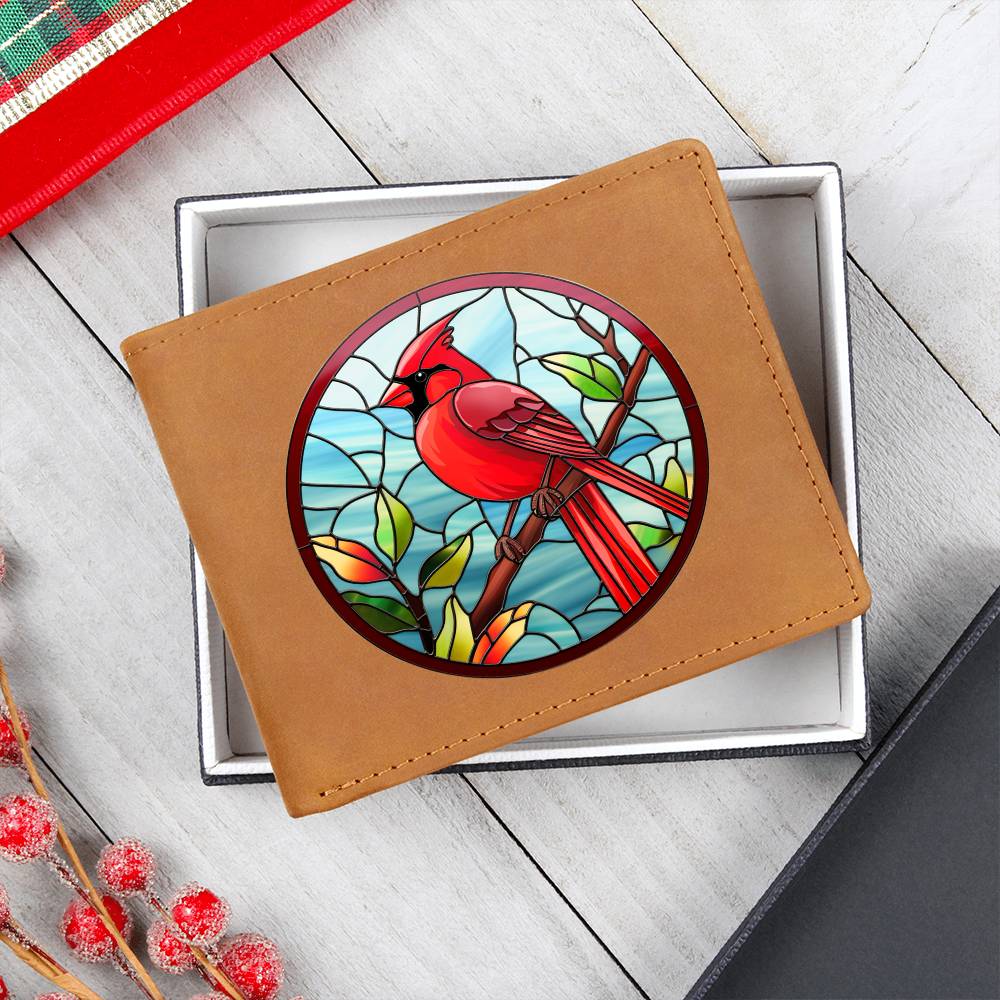 Christmas Red Cardinal Stained Glass Design 008 - Leather Wallet