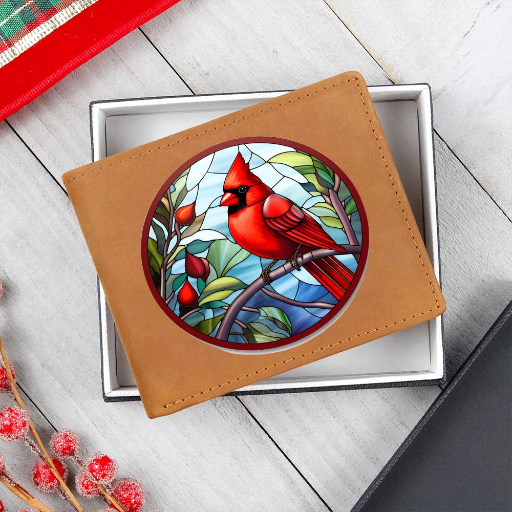 Christmas Red Cardinal Stained Glass Design 004 - Leather Wallet