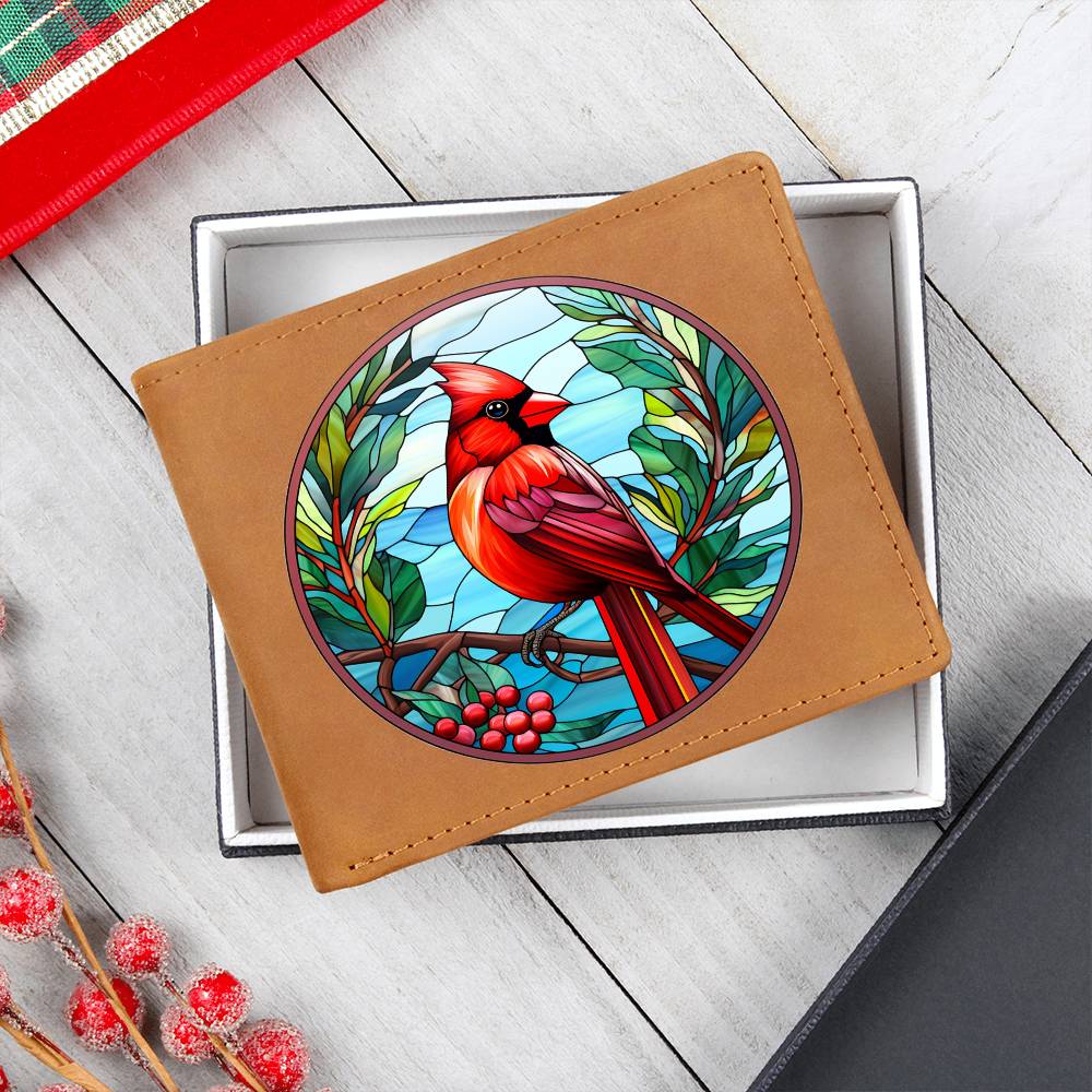 Christmas Red Cardinal Stained Glass Design 026 - Leather Wallet
