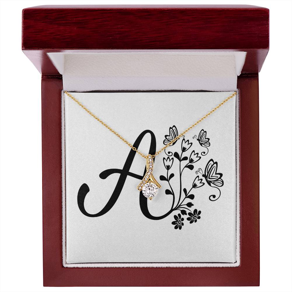 Botanical Monogram A - 18K Yellow Gold Finish Alluring Beauty Necklace With Mahogany Style Luxury Box