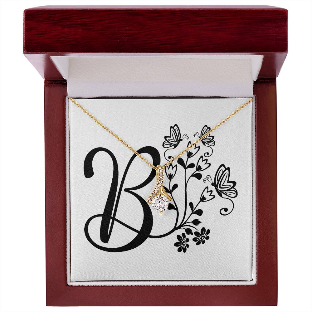 Botanical Monogram B - 18K Yellow Gold Finish Alluring Beauty Necklace With Mahogany Style Luxury Box