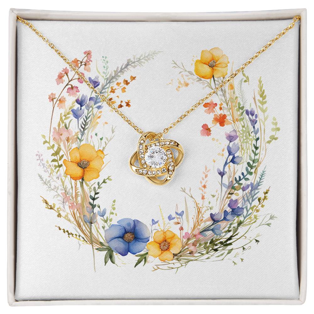 Boho Flowers Wreath Watercolor 12 - 18K Yellow Gold Finish Love Knot Necklace