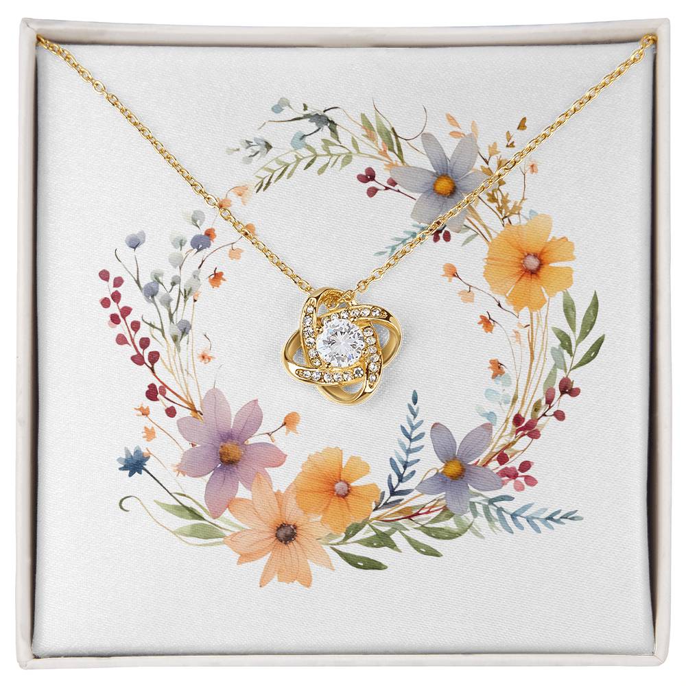 Boho Flowers Wreath Watercolor 10 - 18K Yellow Gold Finish Love Knot Necklace