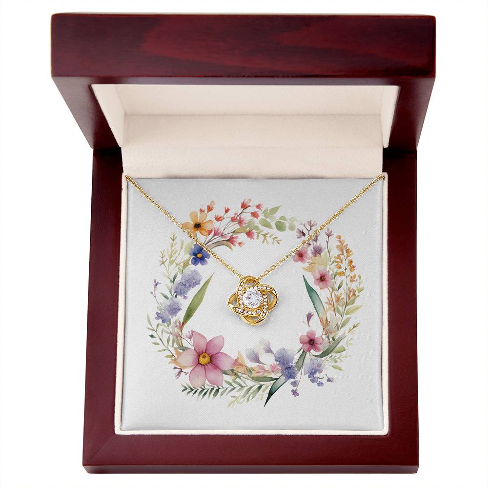 Boho Flowers Wreath Watercolor 07 - 18K Yellow Gold Finish Love Knot Necklace With Mahogany Style Luxury Box