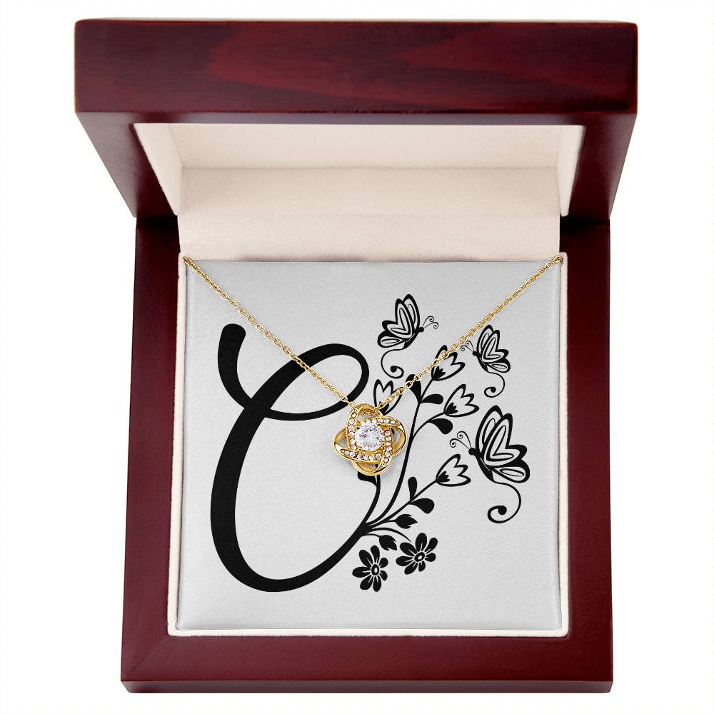 Botanical Monogram C - 18K Yellow Gold Finish Love Knot Necklace With Mahogany Style Luxury Box