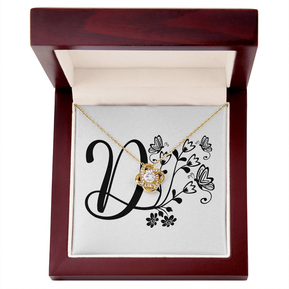 Botanical Monogram D - 18K Yellow Gold Finish Love Knot Necklace With Mahogany Style Luxury Box