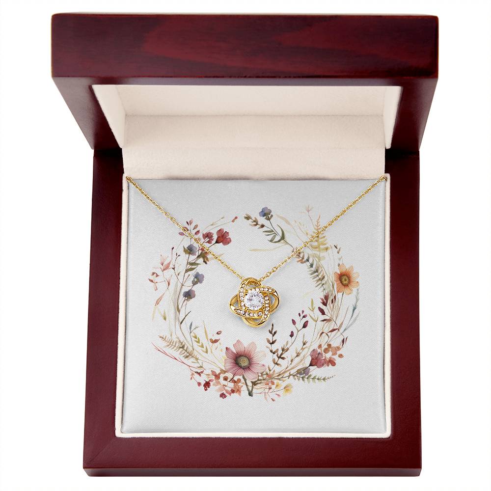 Boho Flowers Wreath Watercolor 08 - 18K Yellow Gold Finish Love Knot Necklace With Mahogany Style Luxury Box
