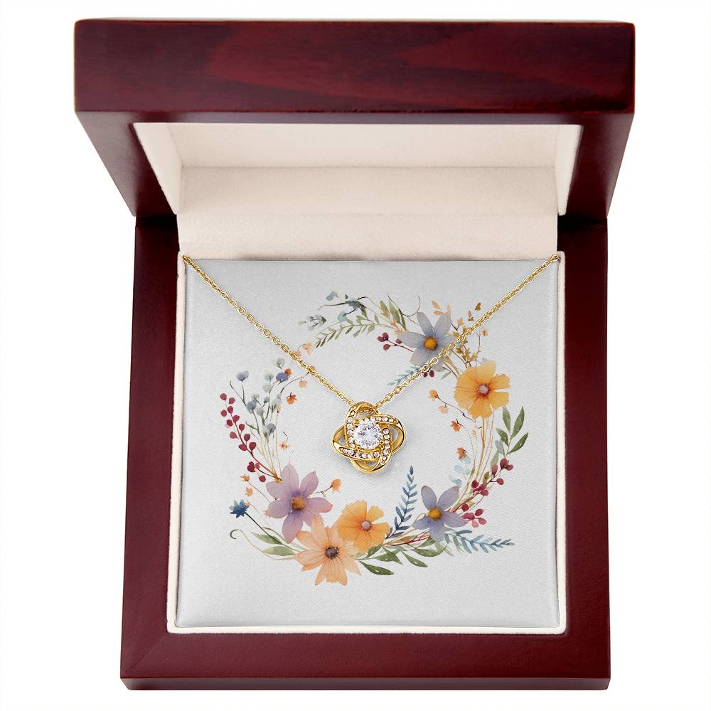 Boho Flowers Wreath Watercolor 10 - 18K Yellow Gold Finish Love Knot Necklace With Mahogany Style Luxury Box