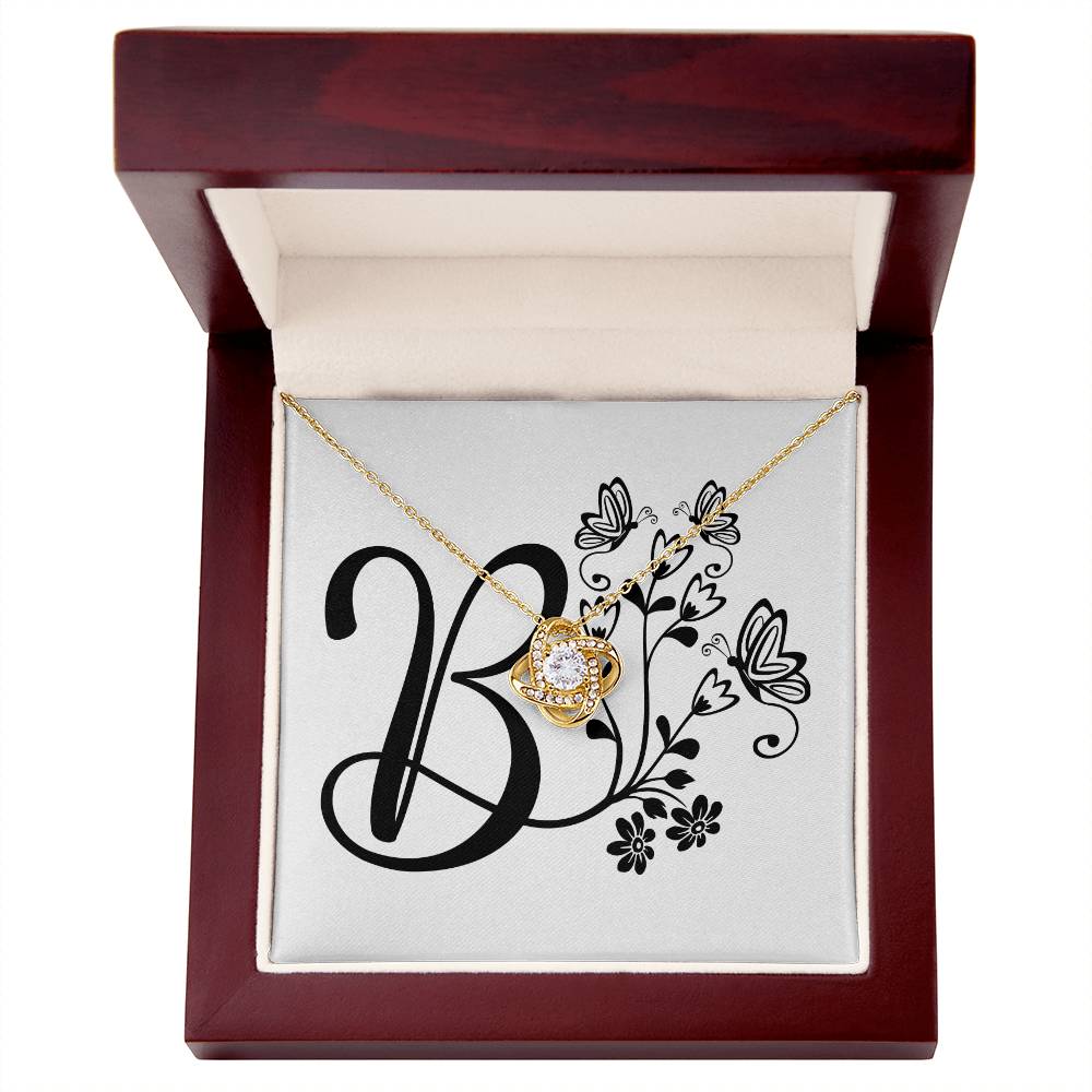 Botanical Monogram B - 18K Yellow Gold Finish Love Knot Necklace With Mahogany Style Luxury Box