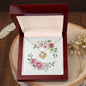 Watercolor Pink Floral Frame 2 - 18K Yellow Gold Finish Love Knot Necklace With Mahogany Style Luxury Box