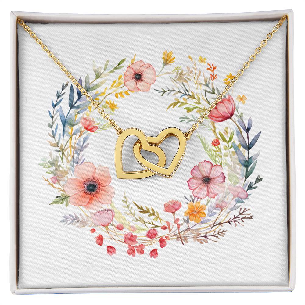 Boho Flowers Wreath Watercolor 01 - 18K Yellow Gold Finish Interlocking Hearts Necklace