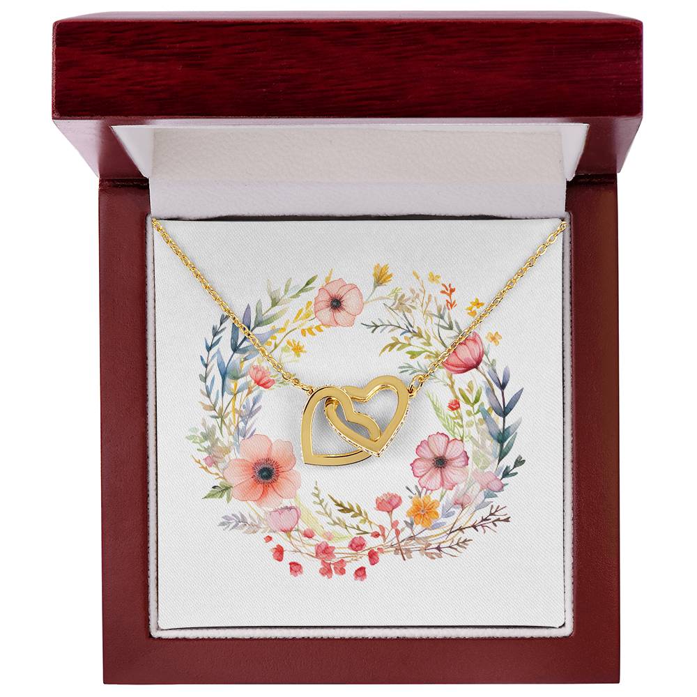 Boho Flowers Wreath Watercolor 01 - 18K Yellow Gold Finish Interlocking Hearts Necklace With Mahogany Style Luxury Box