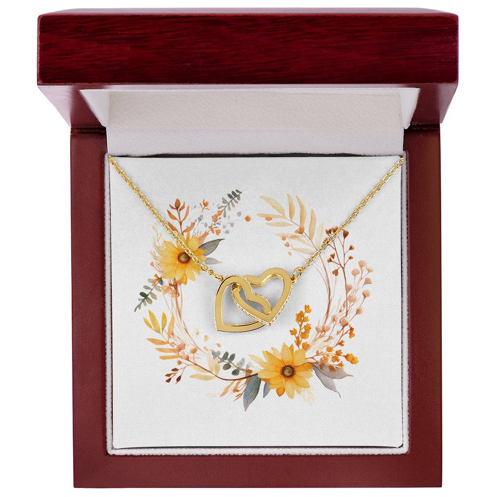 Boho Flowers Wreath Watercolor 05 - 18K Yellow Gold Finish Interlocking Hearts Necklace With Mahogany Style Luxury Box