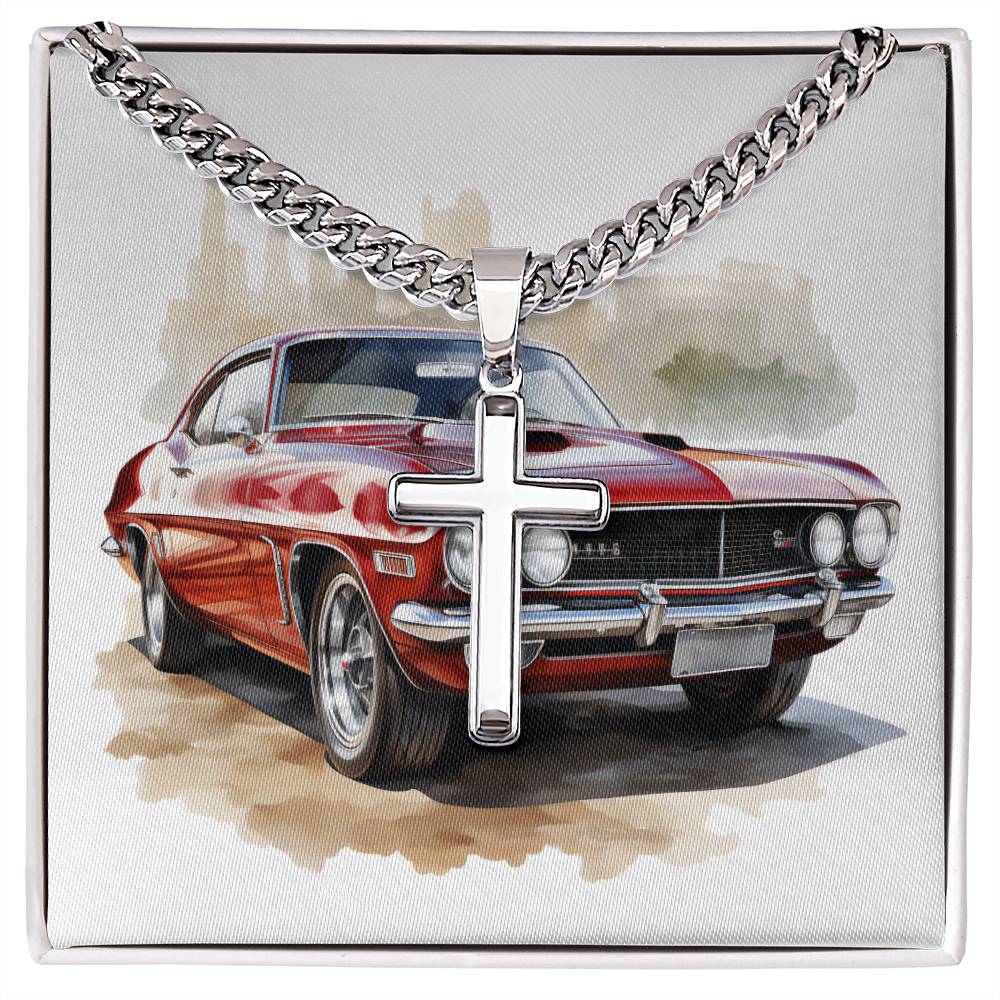 Muscle Car 06 - Stainless Steel Cuban Link Chain Cross Necklace