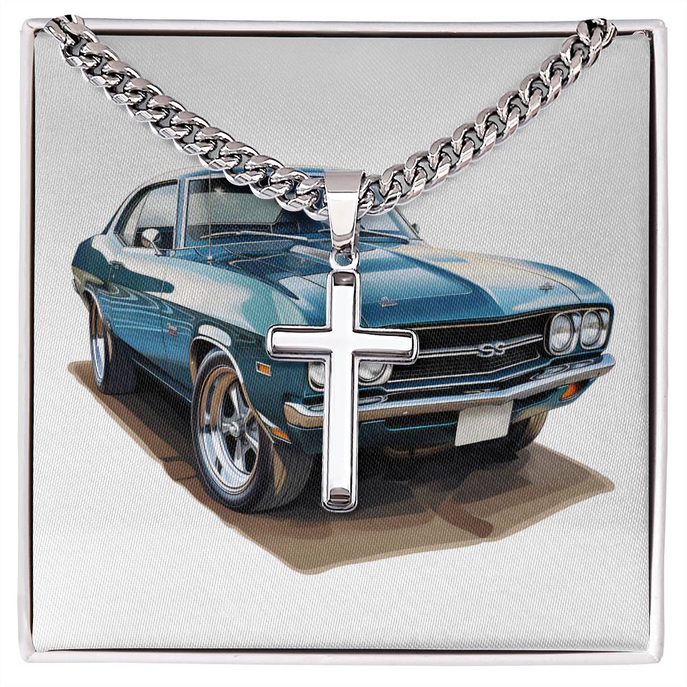 Muscle Car 05 - Stainless Steel Cuban Link Chain Cross Necklace