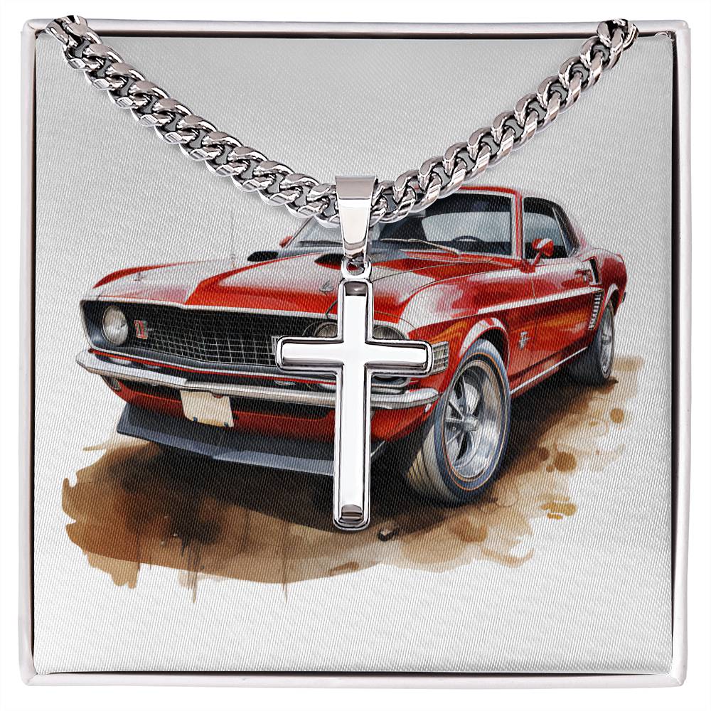 Muscle Car 07 - Stainless Steel Cuban Link Chain Cross Necklace