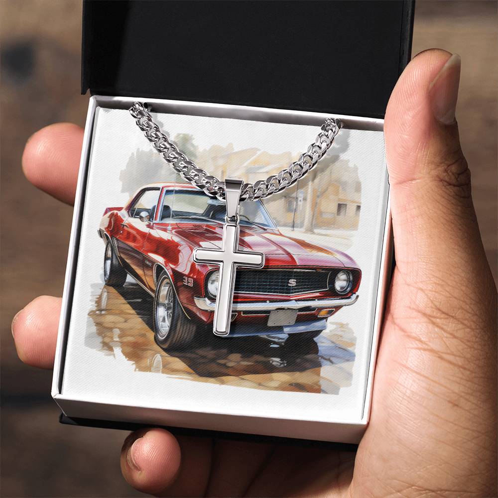 Muscle Car 04 - Stainless Steel Cuban Link Chain Cross Necklace