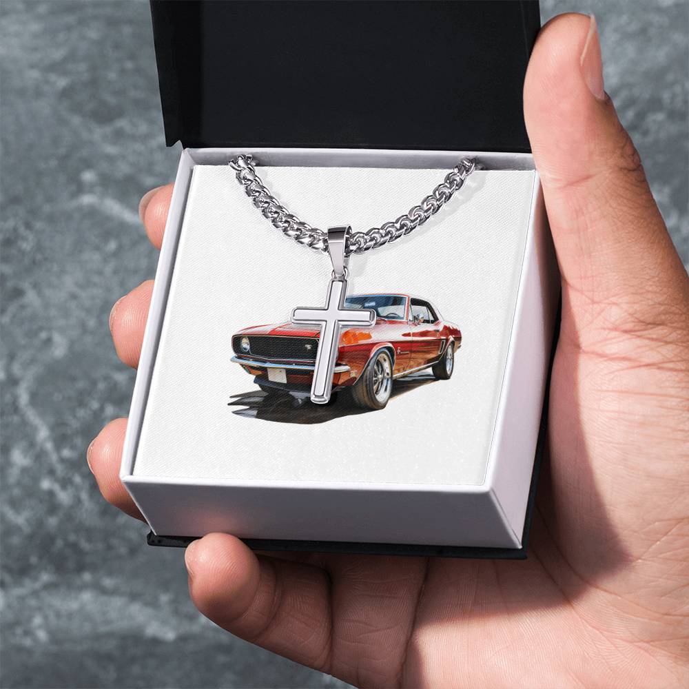 Muscle Car 01 - Stainless Steel Cuban Link Chain Cross Necklace