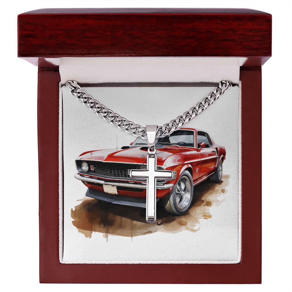 Muscle Car 07 - Stainless Steel Cuban Link Chain Cross Necklace With Mahogany Style Luxury Box