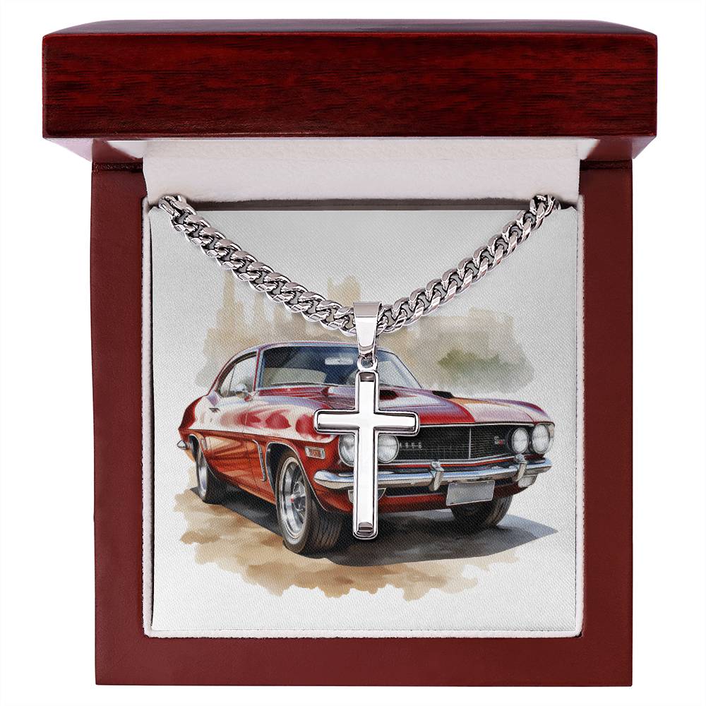 Muscle Car 06 - Stainless Steel Cuban Link Chain Cross Necklace With Mahogany Style Luxury Box