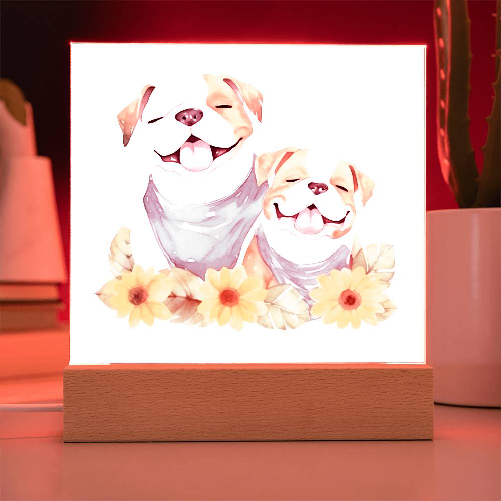 Bulldog And Flowers (Watercolor) 05 - Square Acrylic Plaque
