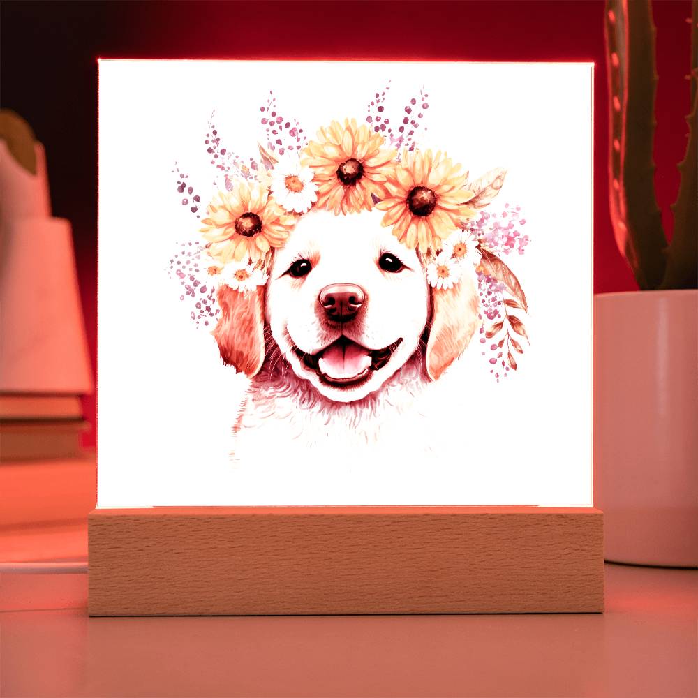 Dog And Spring Flowers (Watercolor) 02 - Square Acrylic Plaque