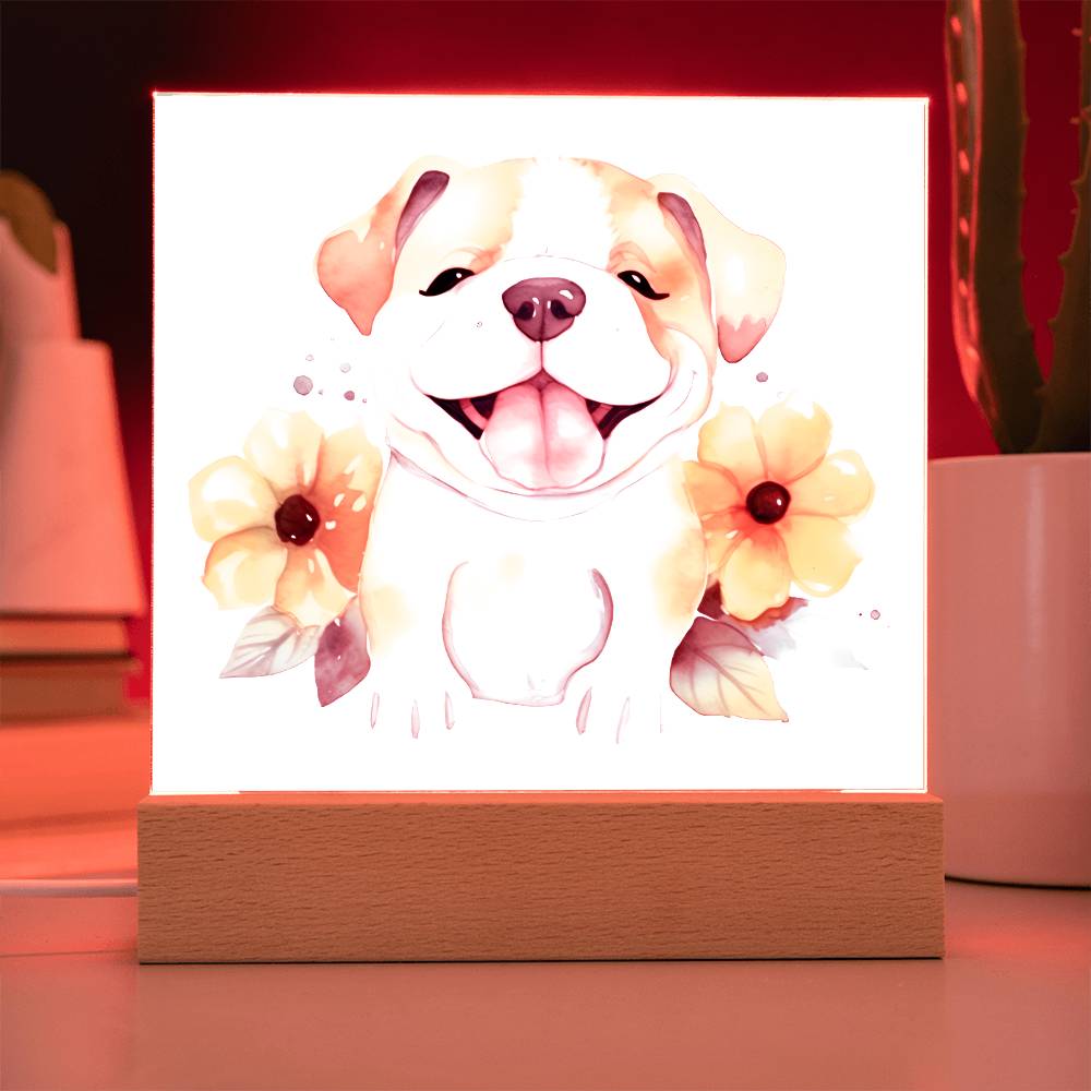 Bulldog And Flowers (Watercolor) 01 - Square Acrylic Plaque