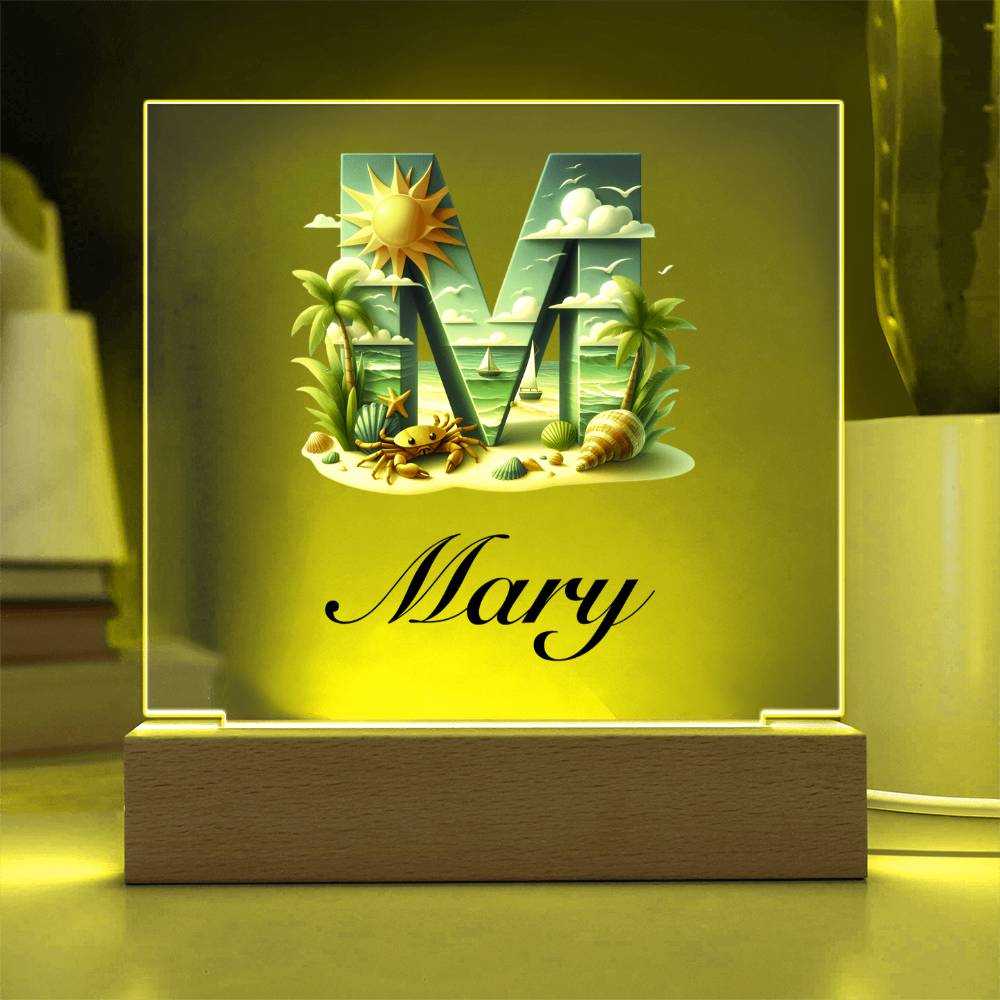 Mary (Summer Beach) - Square Acrylic Plaque With USB Corded LED Base