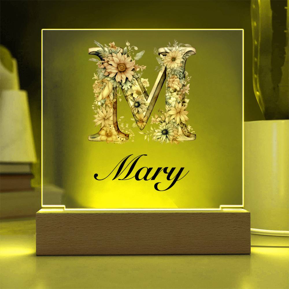 Mary (Blooming Flowers) - Square Acrylic Plaque With USB Corded LED Base