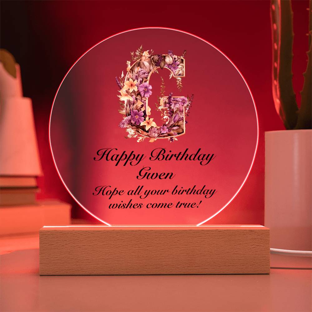 Happy Birthday Gwen v02 - Circle Acrylic Plaque