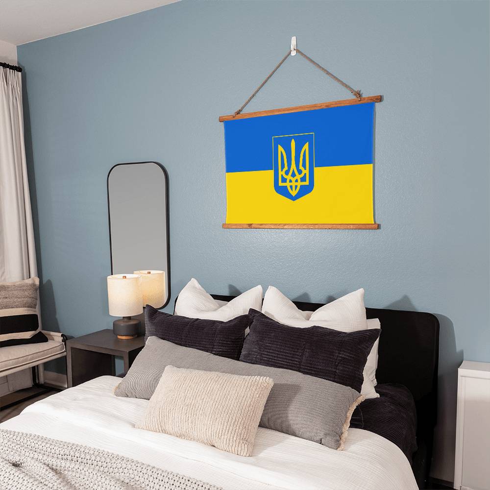Tryzub And Flag Of Ukraine - 36" x 26" Wood Framed Wall Tapestry