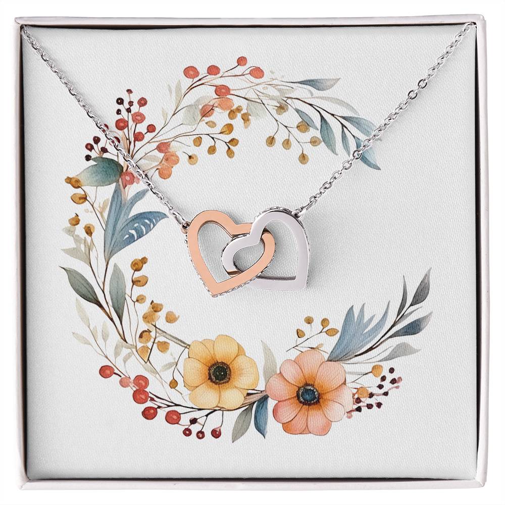 Boho Flowers Wreath Watercolor 04 - Interlocking Hearts Necklace
