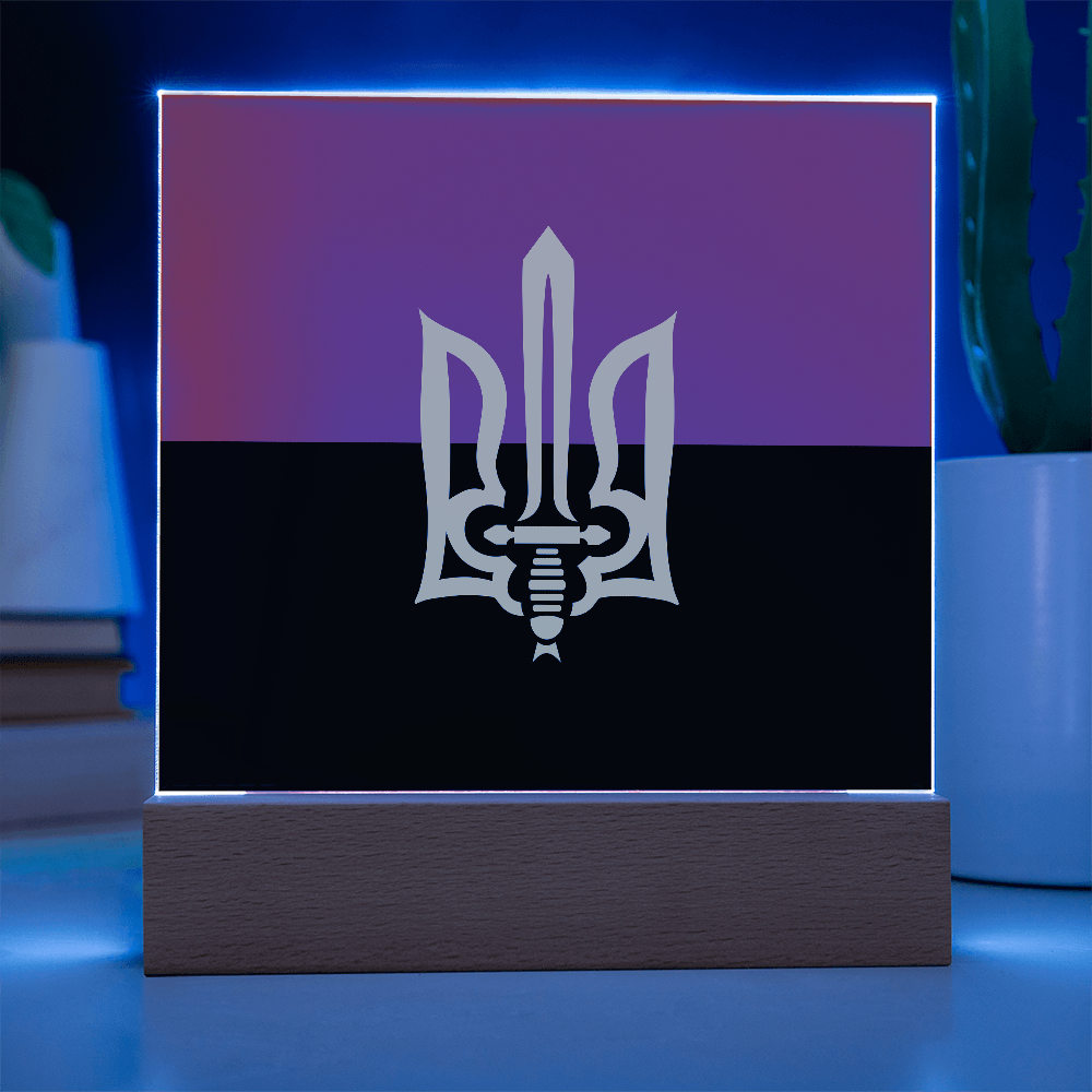 Stylized Tryzub And Red-Black Flag - Square Acrylic Plaque With LED Lights