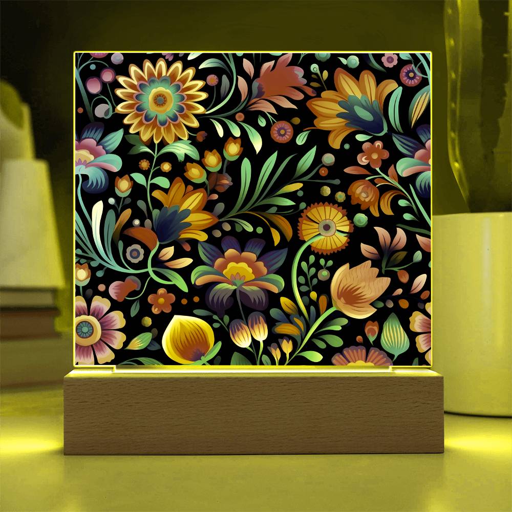 Mexican Floral Fiesta Pattern 057 - Square Acrylic Plaque With LED Base