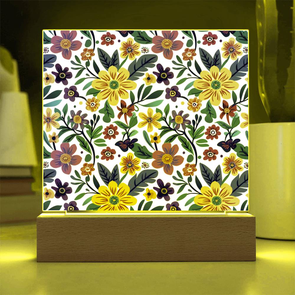Mexican Floral Fiesta Pattern 064 - Square Acrylic Plaque With LED Base