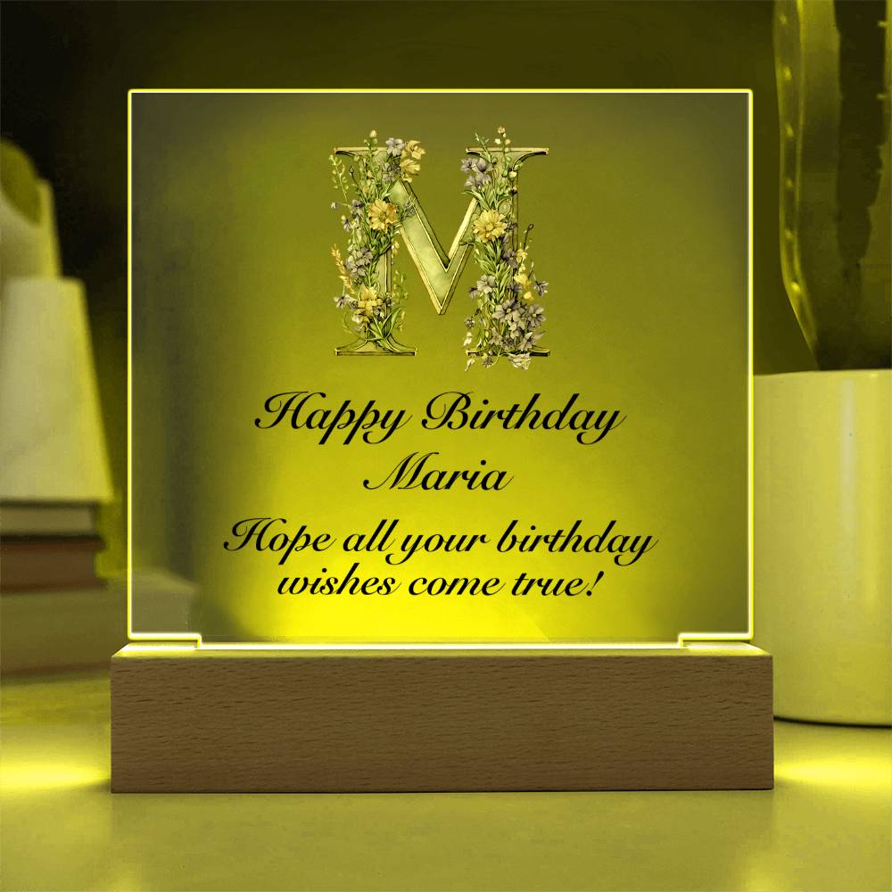Happy Birthday Maria (Lavender Flowers) - Square Acrylic Plaque With LED Base