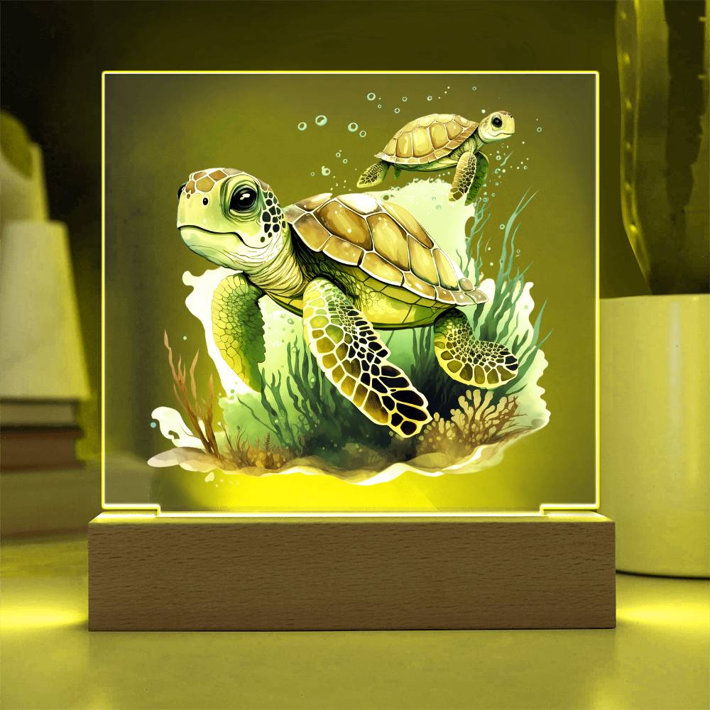 Cute Sea Turtle 008 - Square Acrylic Plaque With LED Base