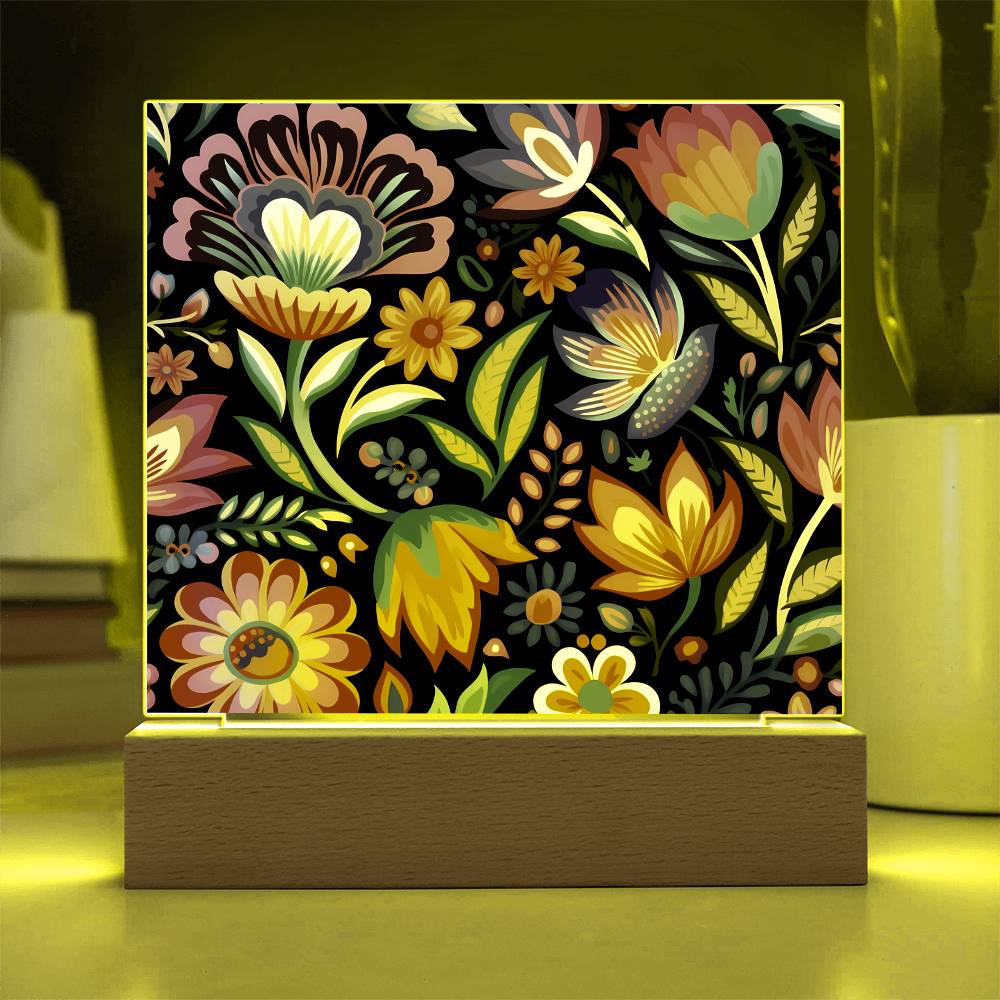 Mexican Floral Fiesta Pattern 052 - Square Acrylic Plaque With LED Base