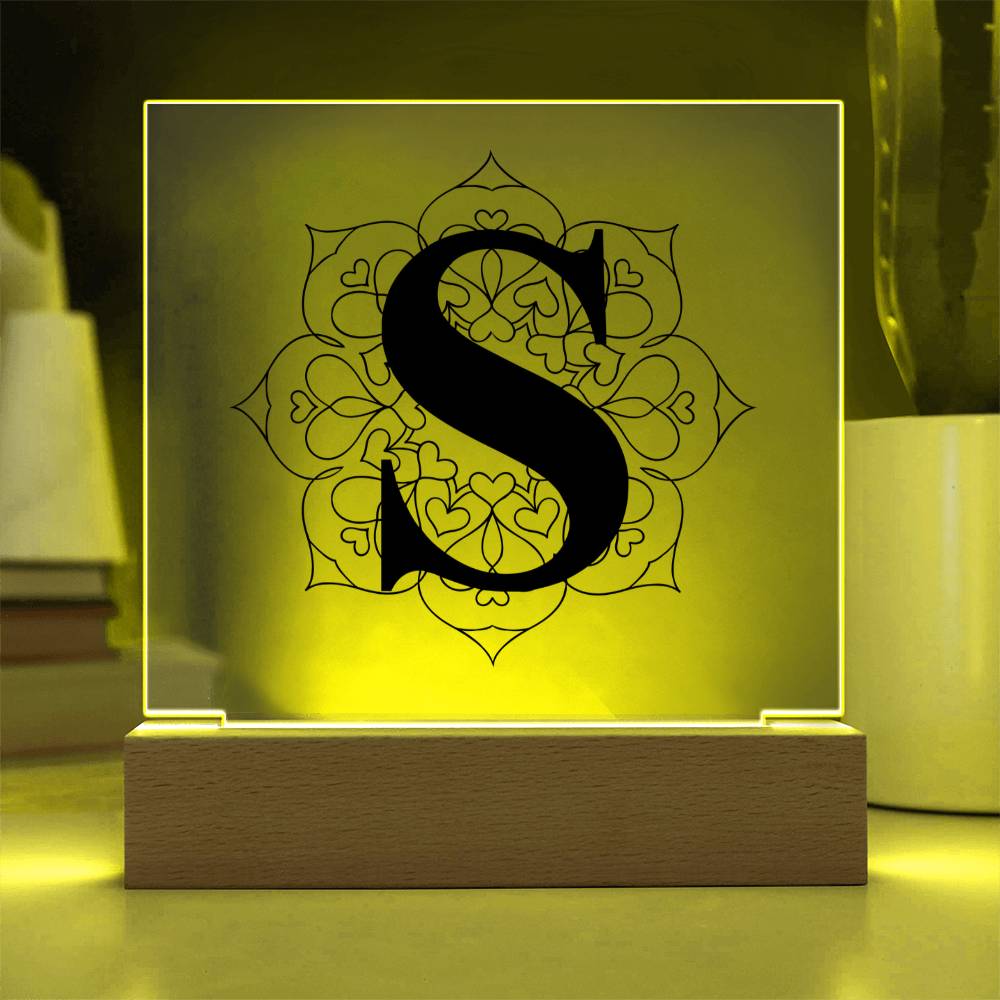 Magnolia Mandala Alphabet Letter S - Square Acrylic Plaque With LED Base