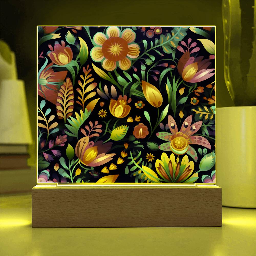 Mexican Floral Fiesta Pattern 056 - Square Acrylic Plaque With LED Base